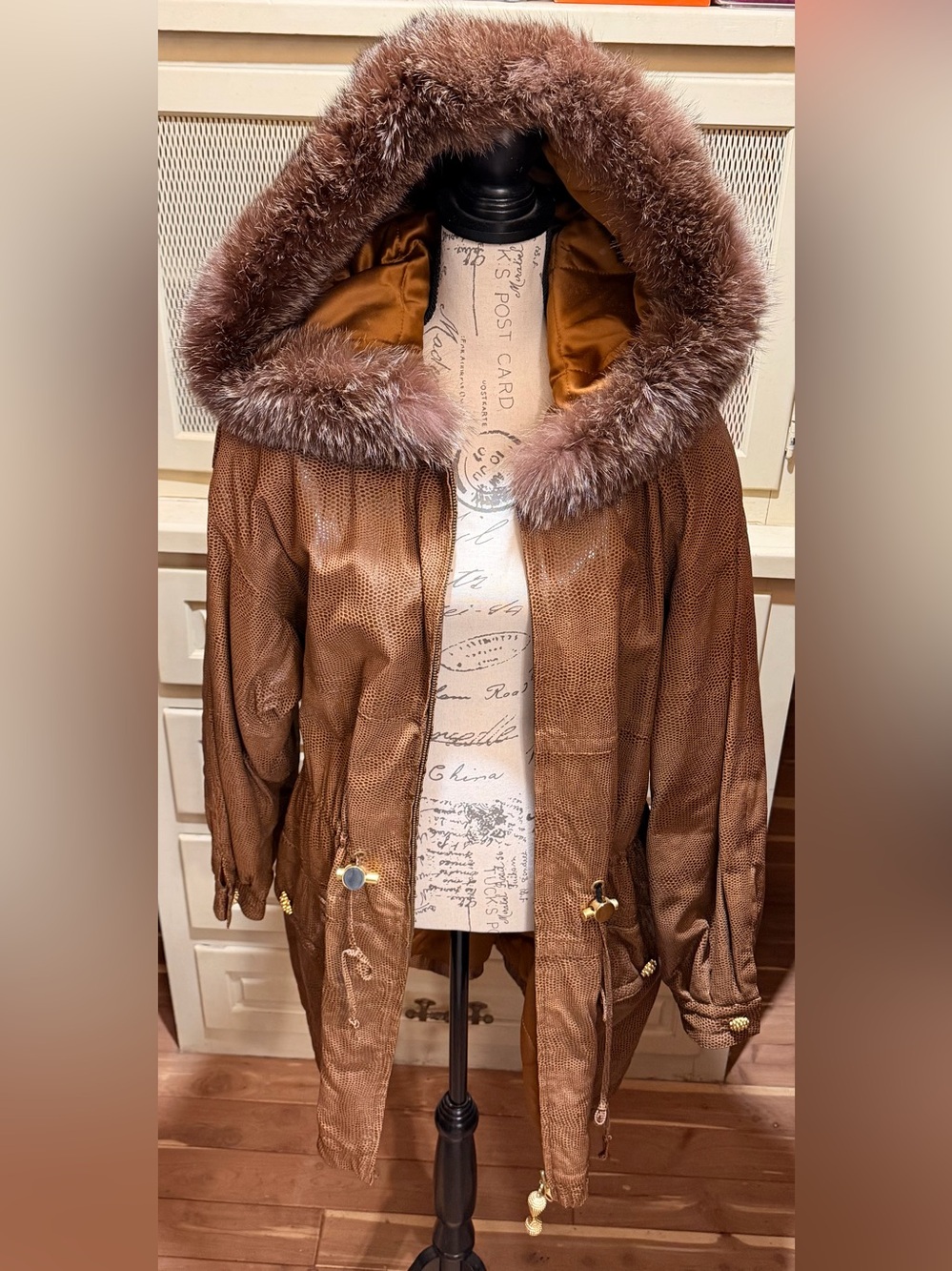 VTG Louis Feraud Snakeskin Print Fur Trim Quilted Parka Jacket